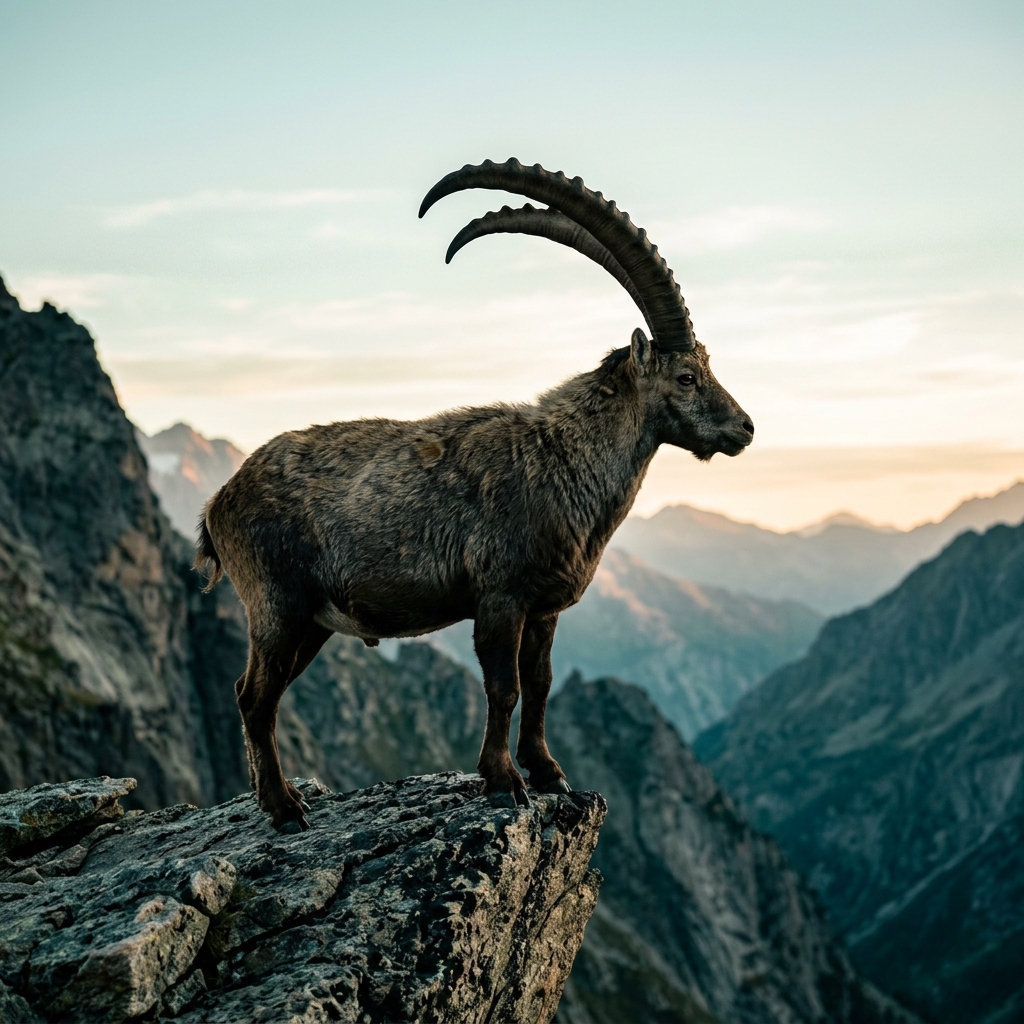 Alpine ibex on summit ledge at sunset