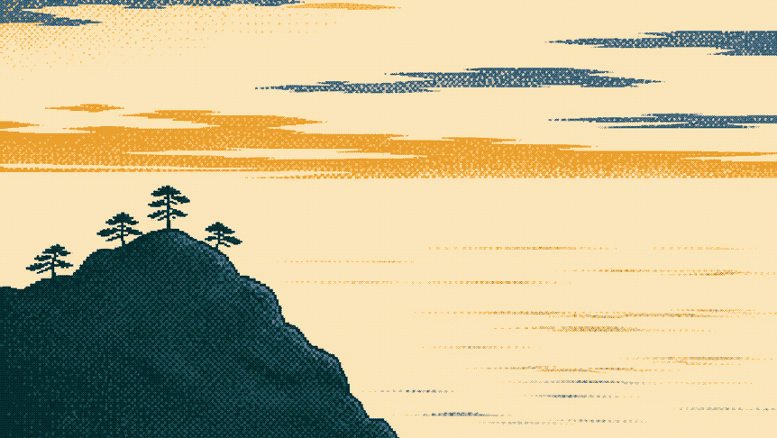 The headland — pines on a bluff over a golden sea