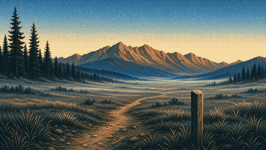 The trailhead — a path through open meadow toward the range at dawn