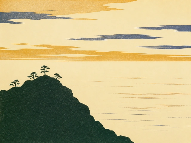 Rocky headland with wind-shaped pines over open water at dusk — woodblock