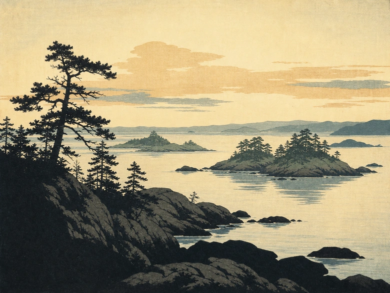Pine coastline and islands at dusk, woodblock