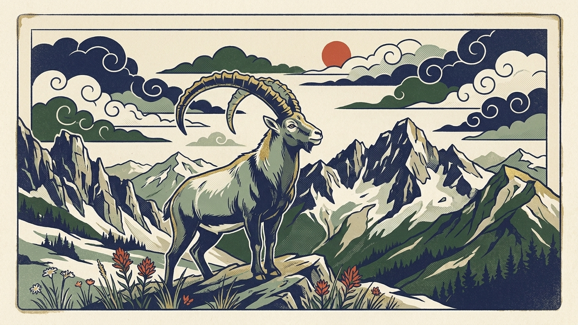 SCHIR ibex on alpine ridge — 70s ukiyo-e style
