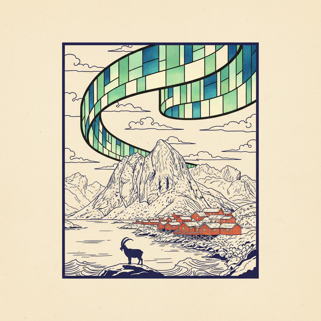 Aurora reine — stained glass + ukiyo-e