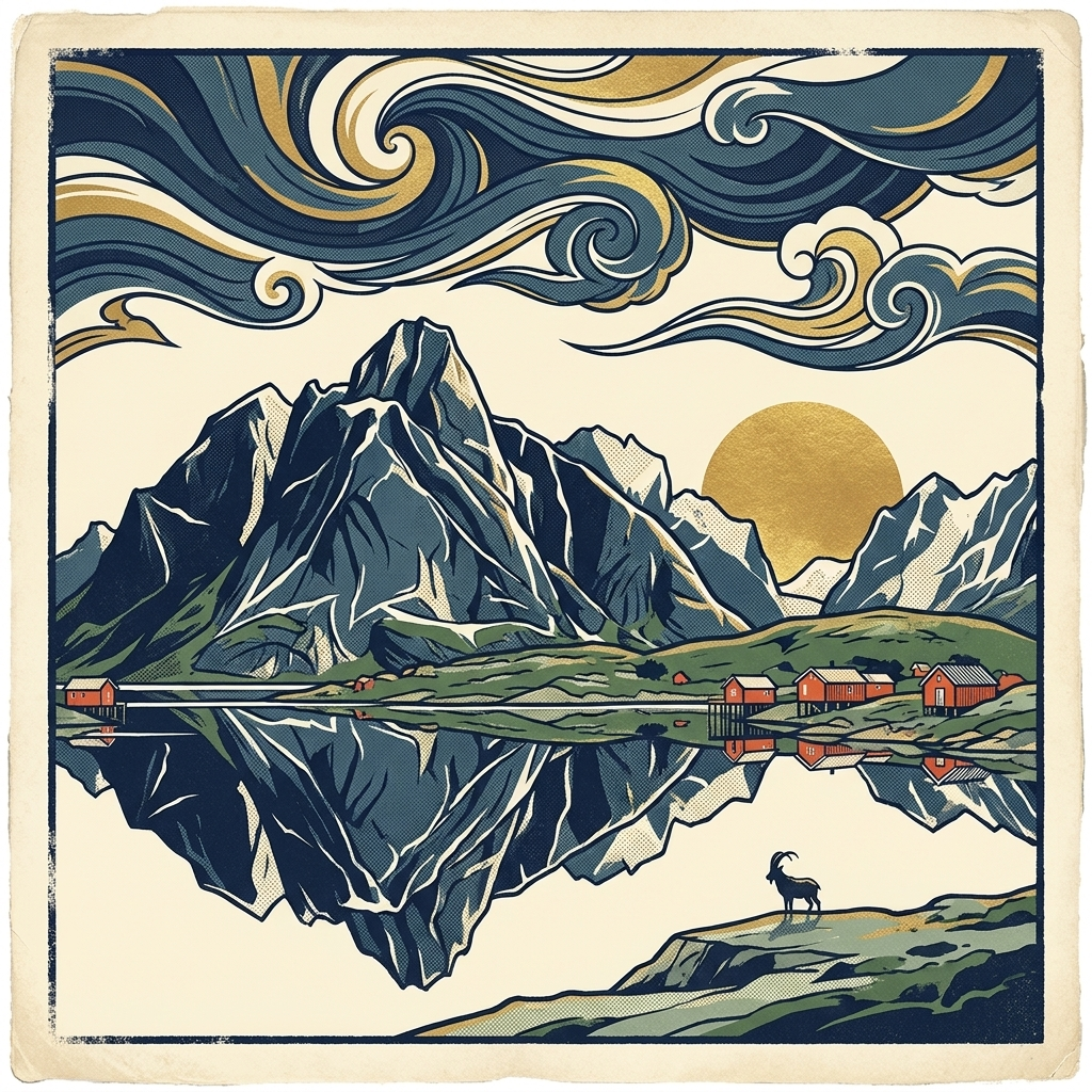 Lofoten Islands fjord — 70s + ukiyo-e